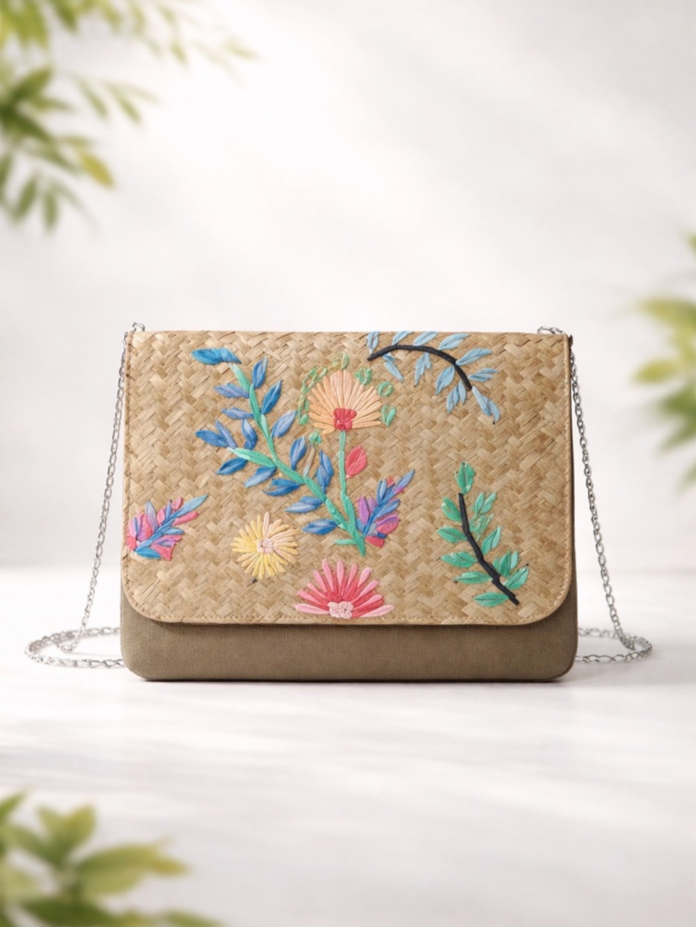 New Boutique Woven Floral Crossbody Clutch Straw Boho Embroidered Shoulder Purse